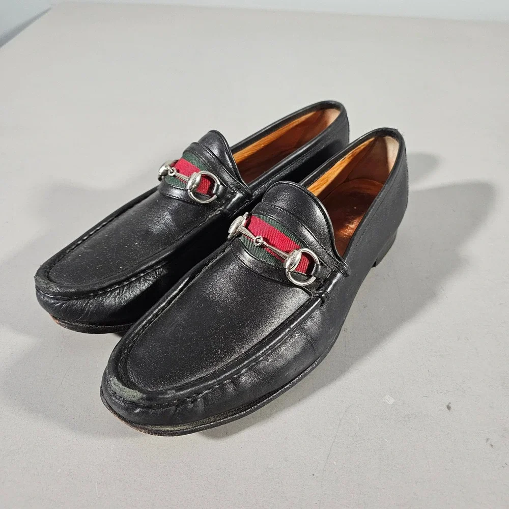 Gucci Horsebit Loafers Men 9.5 Black Leather Web Stripe 157440